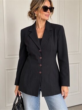 Vintage Hugo Buscati Milano Black 100% Wool Tailored Blazer Jacket Size 16